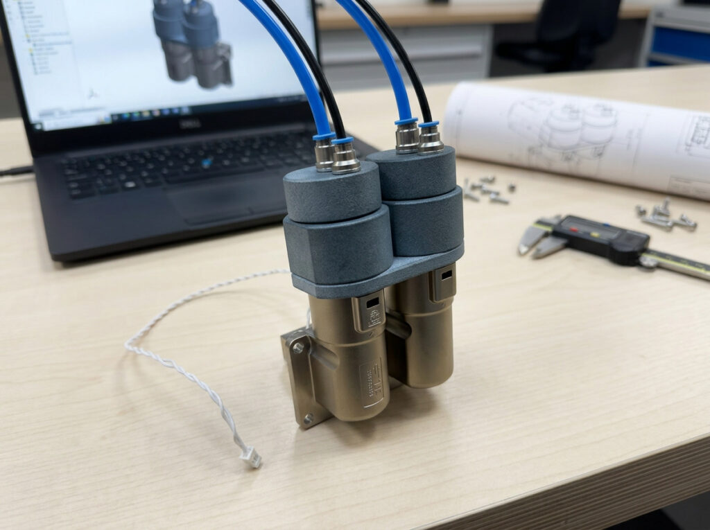 Maatwerk batterijconnector-fixture voor lektesten met pneumatische aansluitingen.