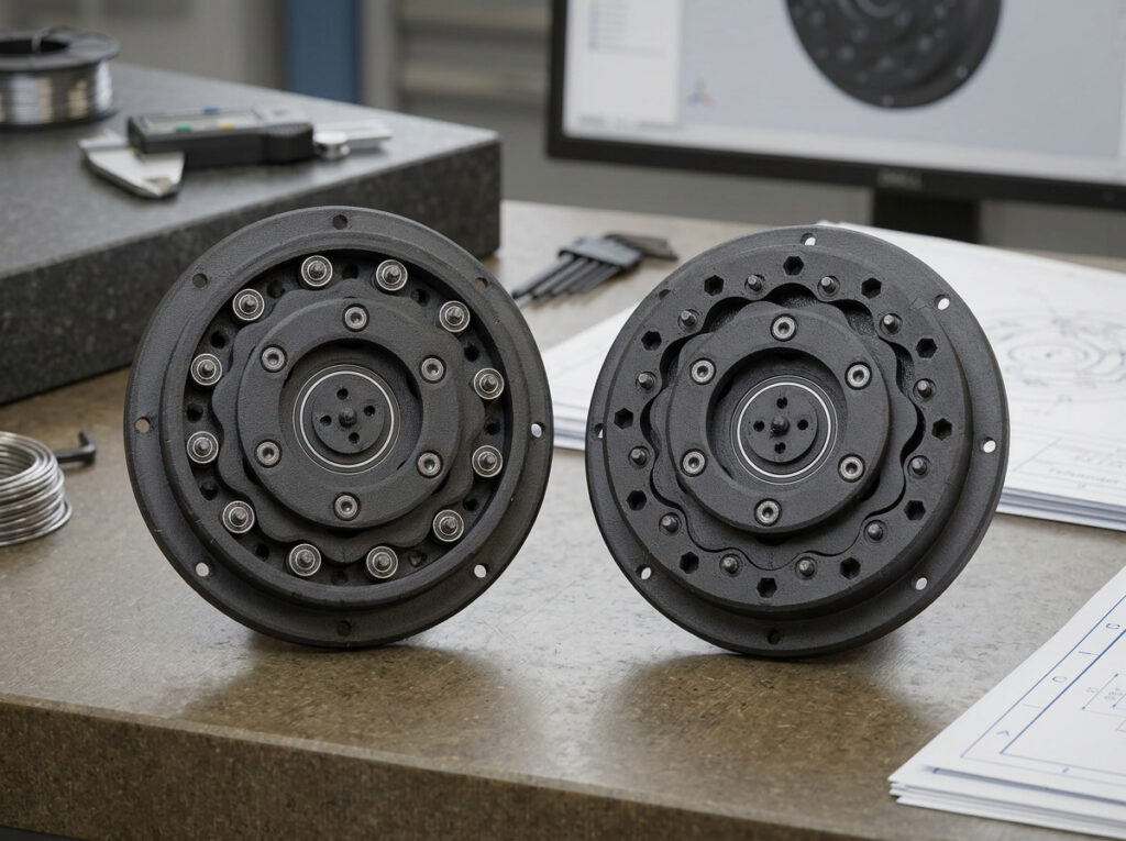 Prototypes van cycloïde overbrengingen met pinwheel- en non-pinwheel-ontwerp voor experimentele vergelijking.