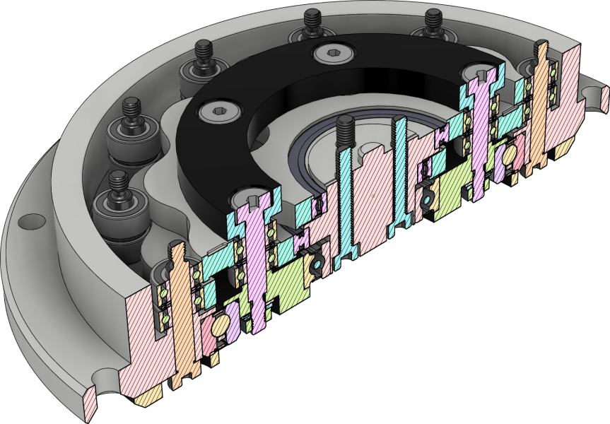 Doorsnede CAD-model van een prototype van een cycloïdale reductor.